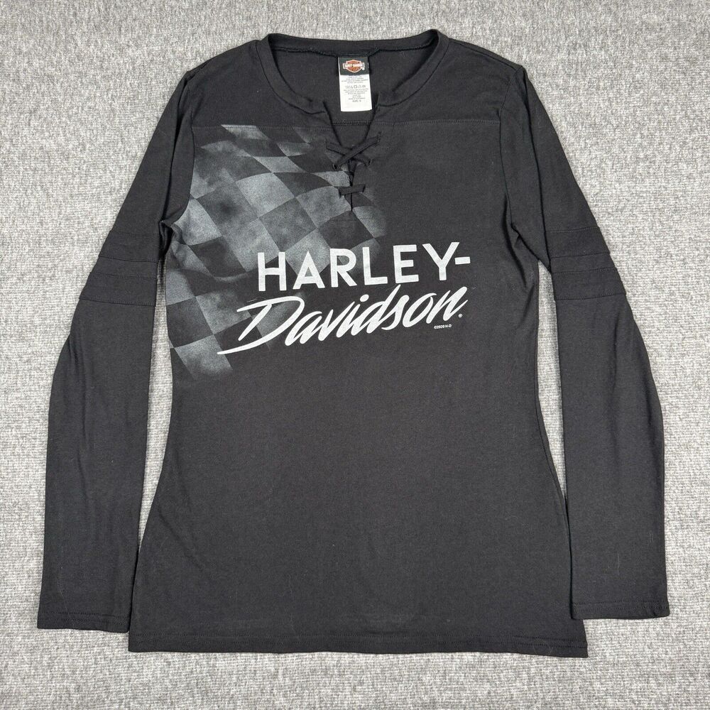 Harley Davidson Long Sleeve Shirt Women's Small Black Biker Racing‎ Flag Y2K